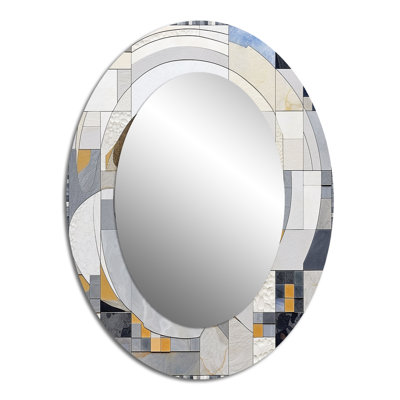 Gris et jaune mosaïque III - miroir décoratif ovale abstrait sur métal