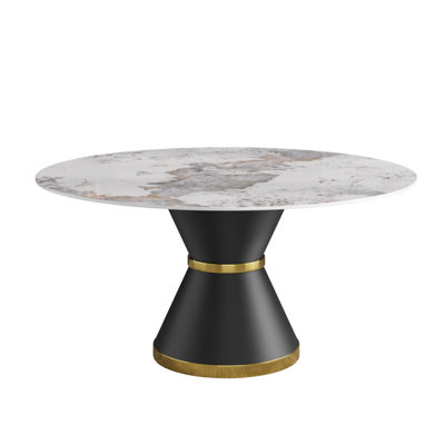 59.71" Sintered Stone Round Table For 6-8, Black Carbon Steel Stand, Heat , , Convenient To Cleanse Dining 6-8 Persons, Top, Foundation, Quick Cleaning