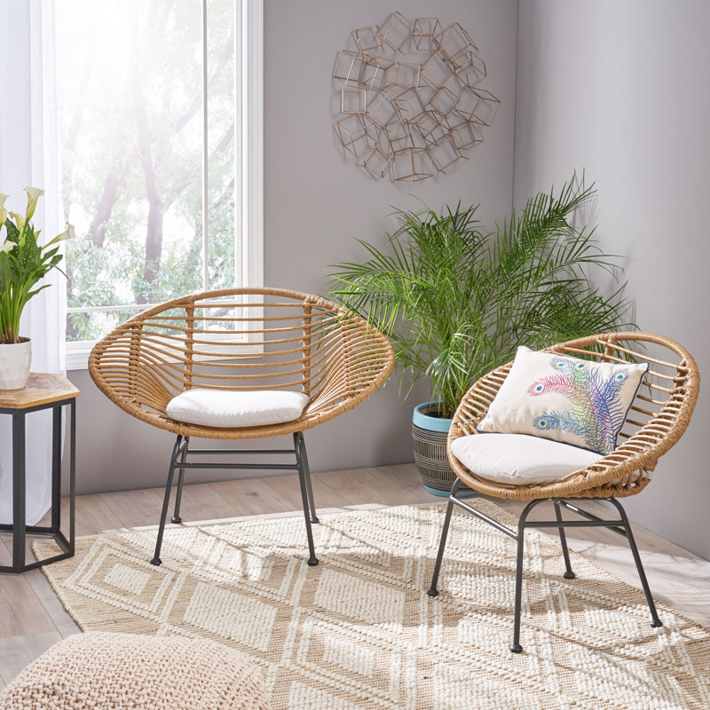 Modern Gray Spot Woven Metal Basket Chair Set with Cushions