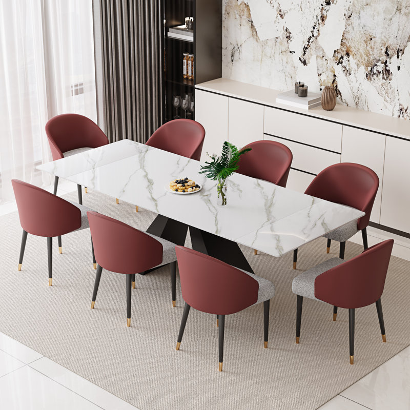 Ensemble de table de salle à manger extensible 94,5 po avec plateau en pierre frittée rectangulaire et 8 chaises en similicuir
