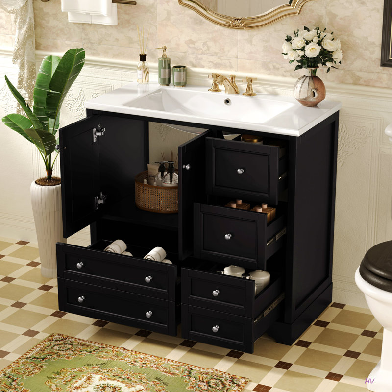 Meuble-lavabo 36 po avec lavabo, meuble-lavabo autoportant en bois massif avec 4 tiroirs de rangement et une tablette, portes à fermeture douce