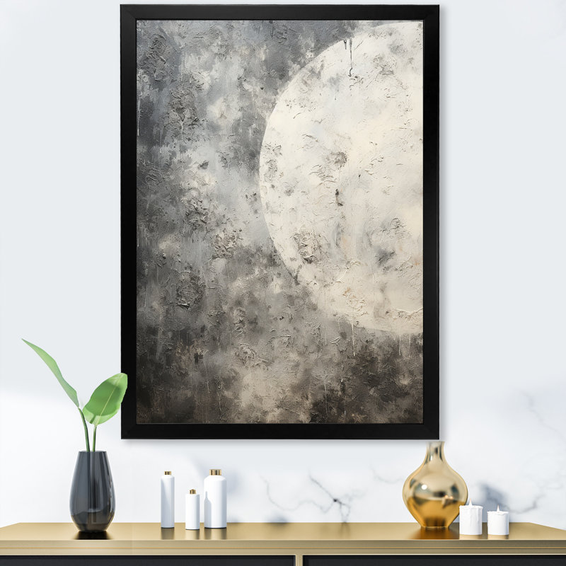 Minimalisme, lune grise, surface 2 - Tachisme, art mural, Cadre simple noir, H 20 po x l 12 po x P 1 po