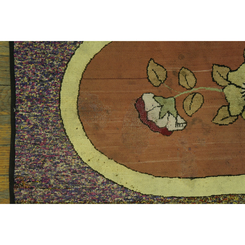 Antique Purple Color Field Floral Inlay Design Small American Folk Art Hooked Rug