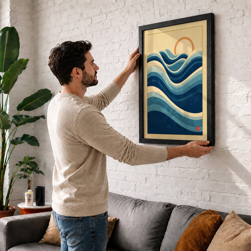 Ocean Waves in Blue Japandi - Framed Print, A4 - 29.7 x 21.0 cm, Walnut
