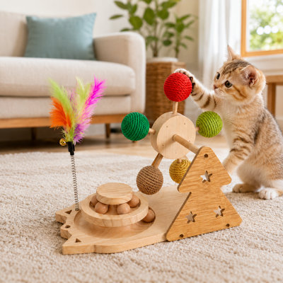 Jouet pour chat en bois 3-en-1 avec grande roue tournante, piste de balle et teaser de plumes - jouet interactif pour chats d'intérieur, jeu multi-chats, bois naturel (13,8 po)