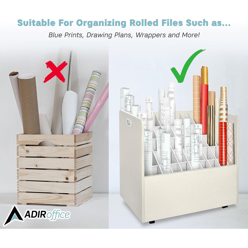 White Wood Mobile Roll File Storage Organizer with 50 Compartments