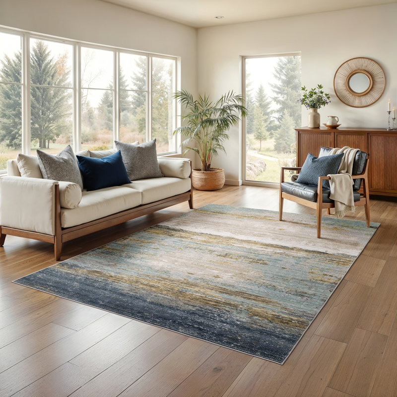 Tapis bleu / beige Goulart, Rectangle 6 pi 7 po x 9 pi 6 po