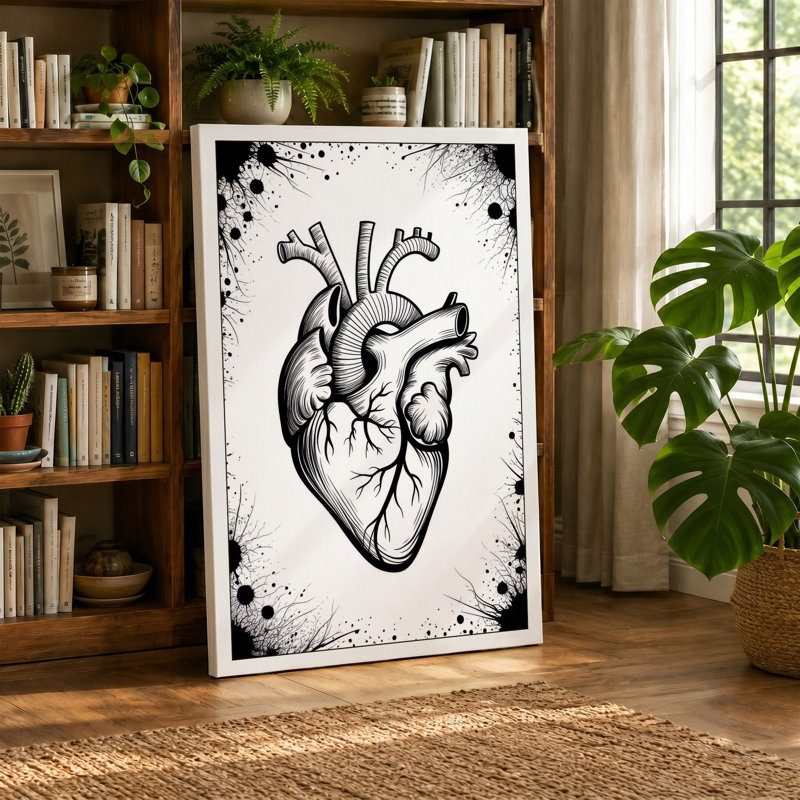 Anatomical Heart in Ink Modern - Wrapped Canvas, 30x20 - 76.2 x 50.8 cm, Taupe Border