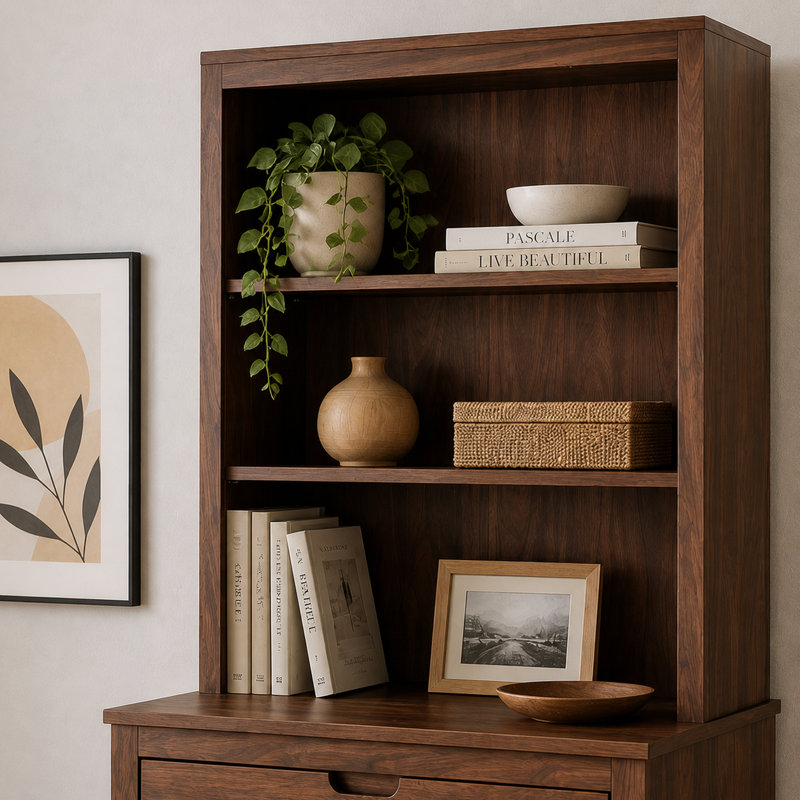 Freestanding Hutch Cabinet with Drawers & Open Shelves, Walnut Storage Dresser, Modern Buffet Sideboard for Dining Room, Kitchen, Entryway