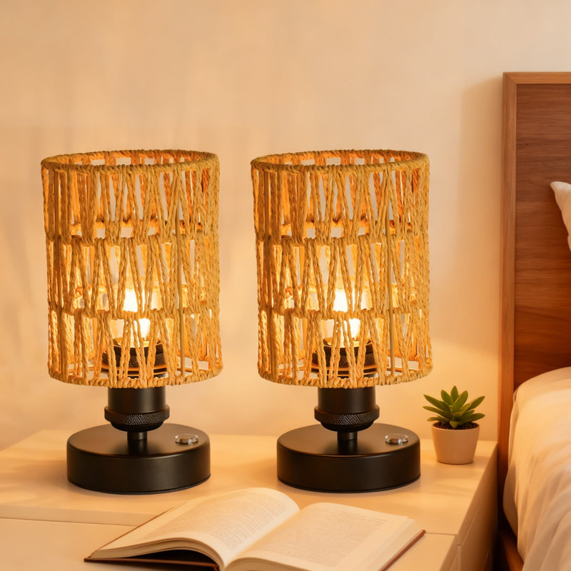 Rechargeable Table Lamp With Hand-Woven Vintage Lampshade, Portable Cordless Touch Desk Light With 3 Brightness Levels, Wireless Battery Powered For Indoor And Outdoor Use, 2-Piece Set