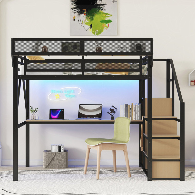 Lit mezzanine avec bureau et station de charge, lit mezzanine en métal avec escalier et lumière pour enfants adolescents
