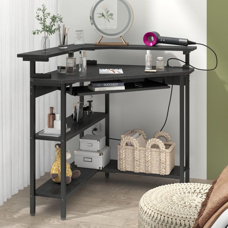 Fitnat Corner Desk with Power Outlet, LED Triangle Corner Desk with Storage for Small Space, Black
