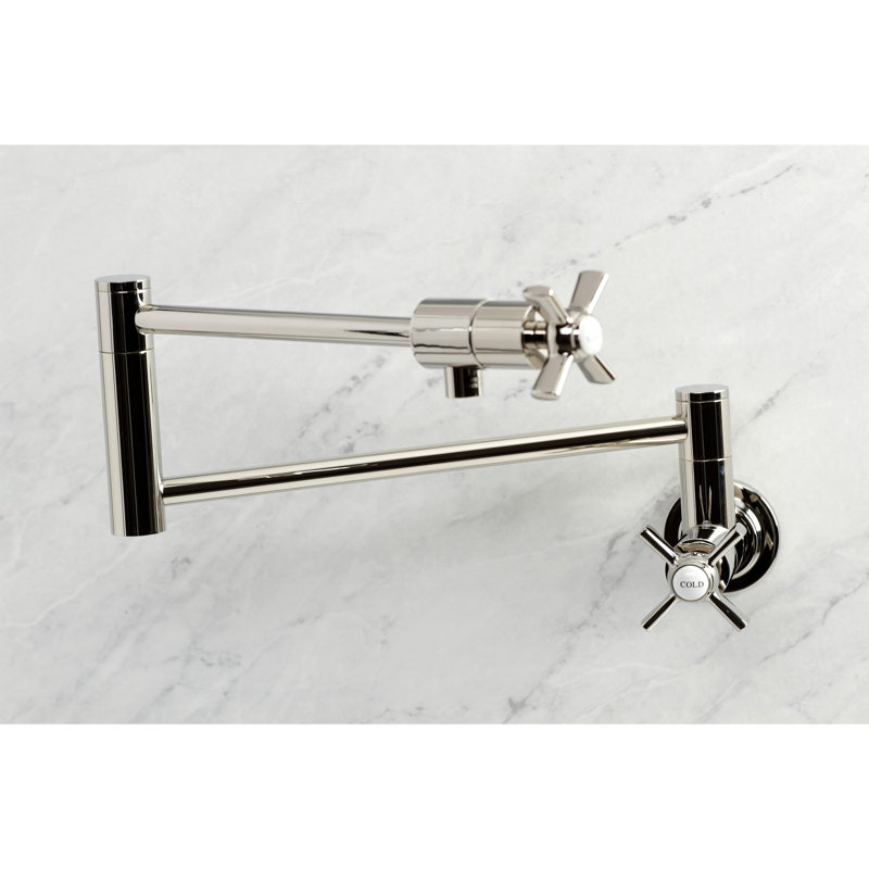 Kingston Brass Manhattan Two-Handle 1-Hole Wall Mount Pot Filler Faucet, Polished Nickel, Knob/Cross Handle