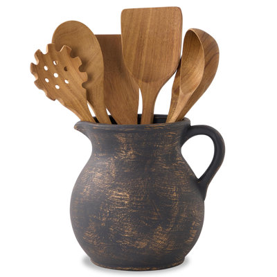Rustic Kitchen Utensil Holder - 7.6 Inch Ceramic Utensil Crock for Countertop, Vintage Kitchen Counter Decor