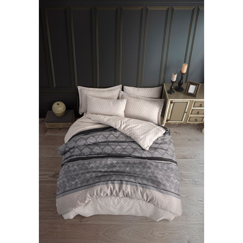 Ensemble de housse de courtepointe super très grand, gris et gris foncé, 102 x 87 | 65% coton / 35% polyester, 120 fils | Lavable à la machine, housse de couette à boutons, taies d'oreiller (2 pièces) | Solution de literie élégante et confortable