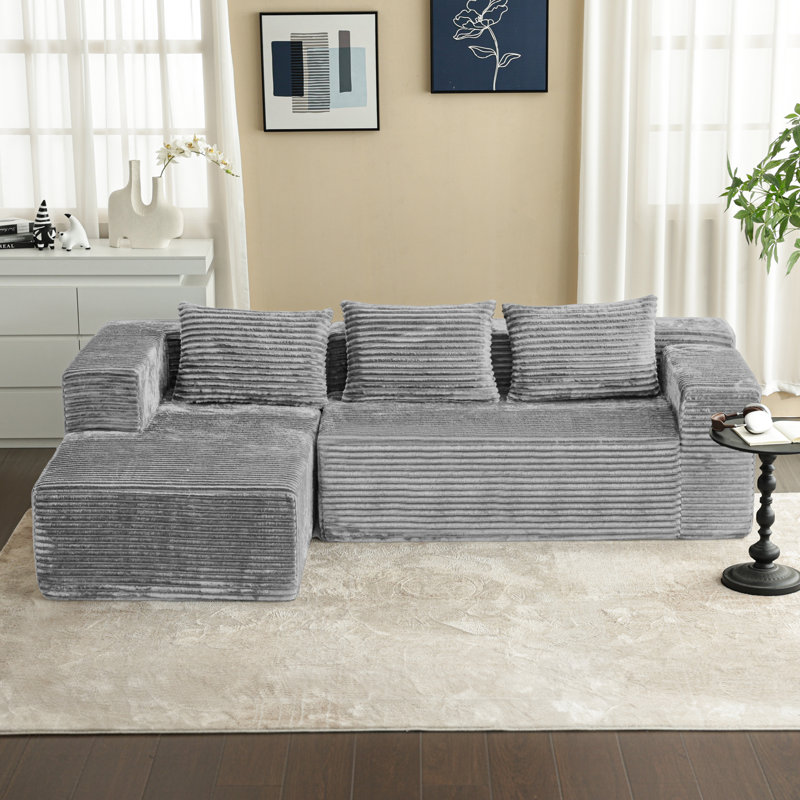 Boneless L-Shaped Deep Seat Modular Sectional Sofa, Corduroy Upholstered Cloud Boneless Couches With Side Pockets
