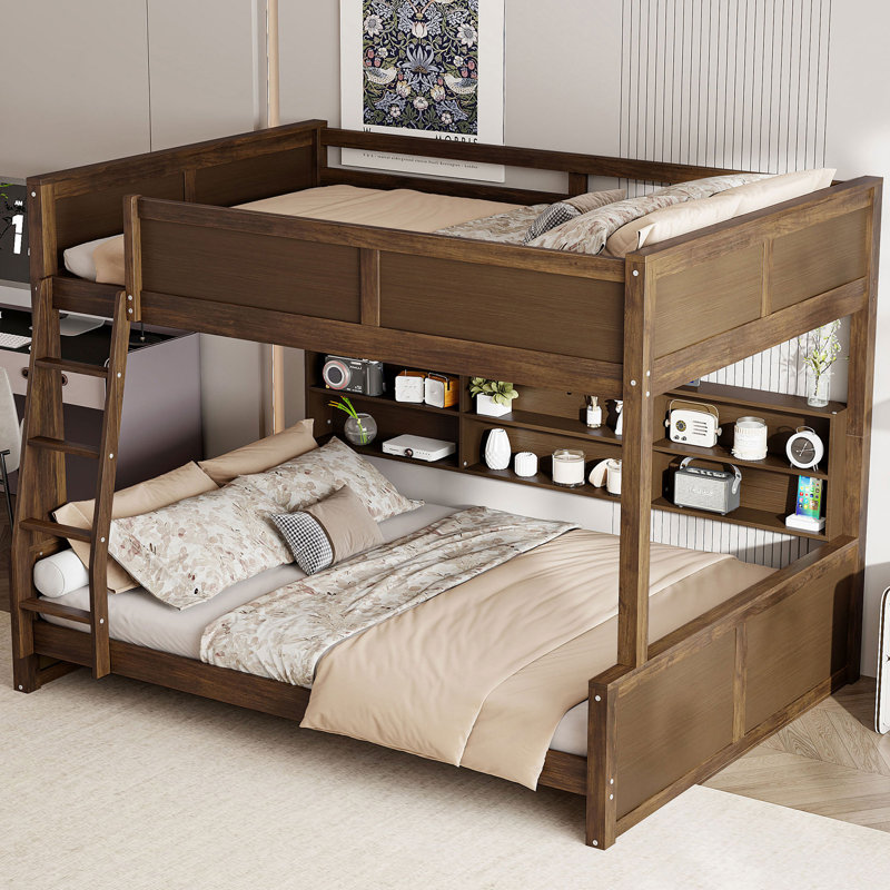 Lit superposé double au-dessus de grand lit double en bois massif avec tablettes, Couleur du bois