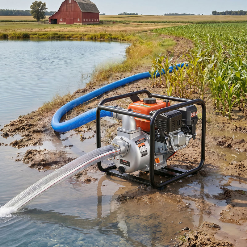Pompe à eau alimentée au gaz, pompe de transfert d'eau semi-poubelle portative 142 GPM 7HP 2 po, moteur à essence avec tuyau de refoulement de 25 pi, structure robuste, roue en fonte, pour l'irrigation, les étangs, les piscines