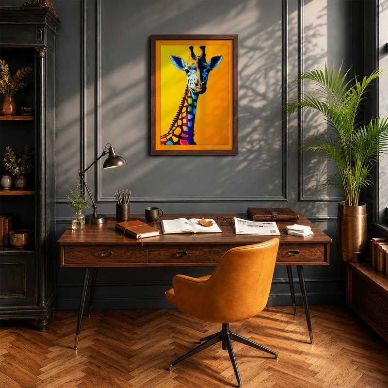 Pop Art Giraffe Modern 1 Piece Single Picture Frame Wall Art, A3 - 42.0 x 29.7 cm, Walnut