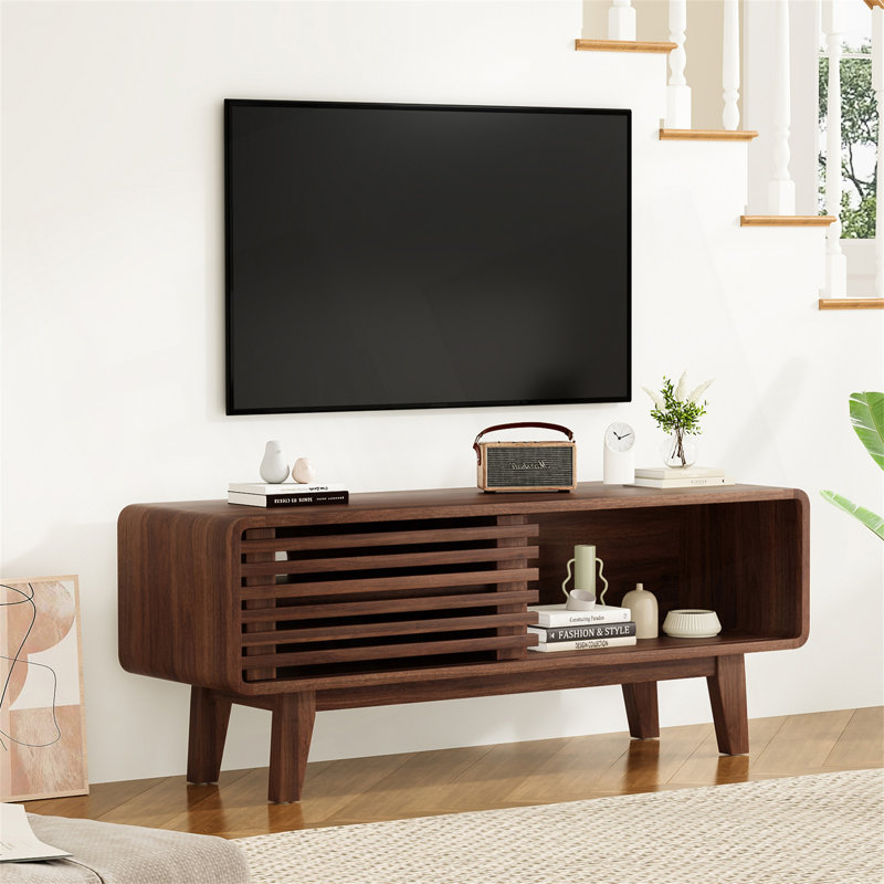 Meuble télé Mid-Modern Century pour téléviseur de 59 po ou moins avec porte coulissante et armoire de rangement, idéal pour le salon et la chambre à coucher