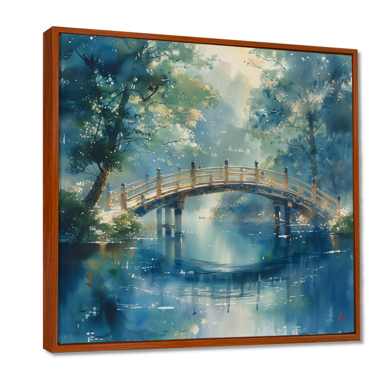 Bleu, vert, rivière, croisement, parc, pont, ponts, art mural, salon, Toile avec cadre flottant brun