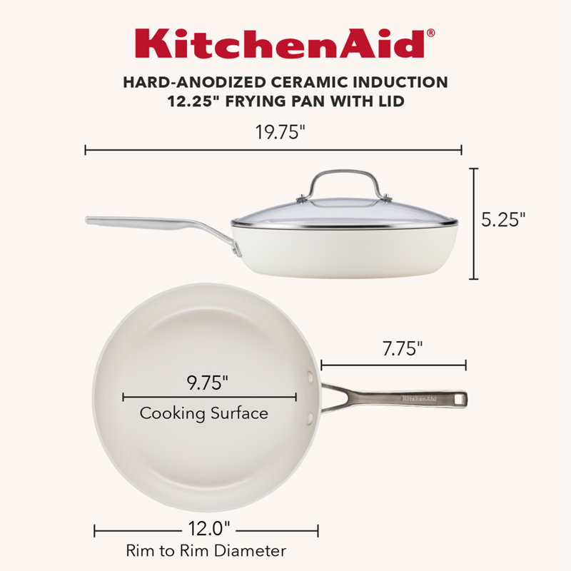 Kitchenaid Hard-Anodized Ceramic Induction Skillet With Lid, 12.25-Inch, Agave, White