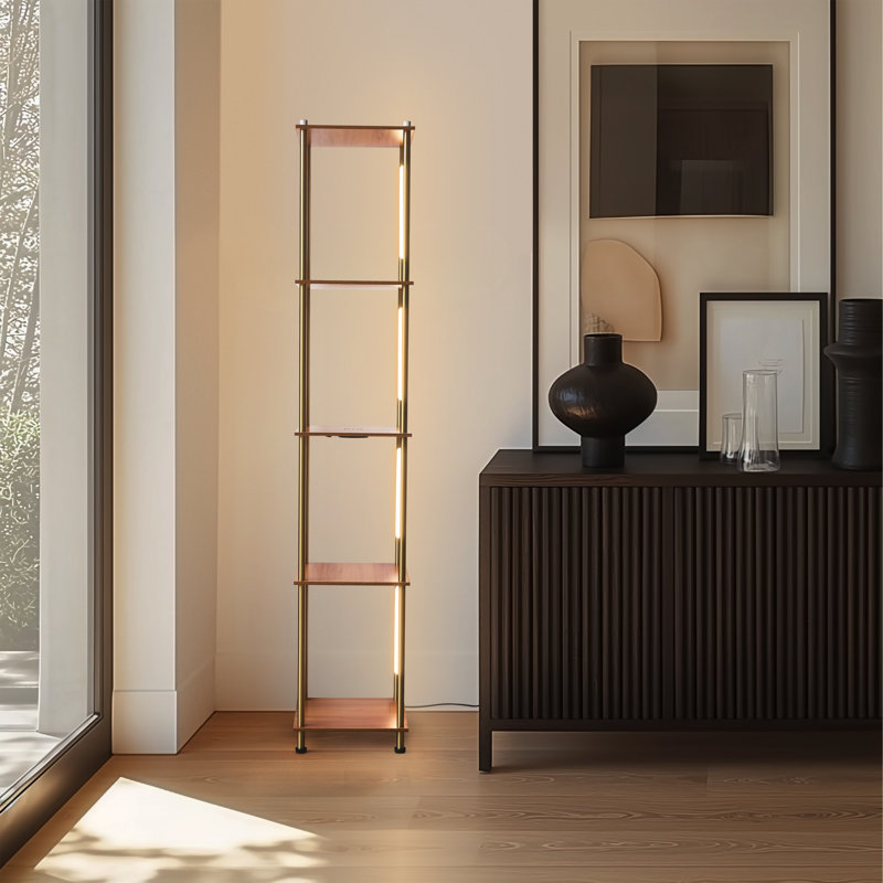 Aria 63 in. 3-Way Dimming LED Shelf Floor Lamp with Built-In Wireless Charging Pad, Brass