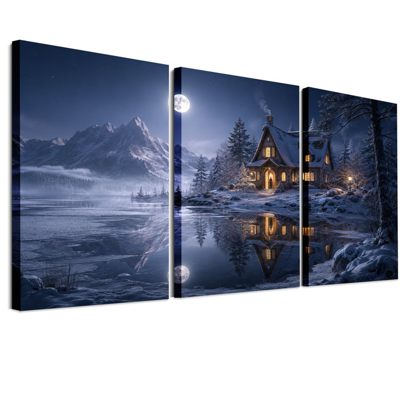 Ensemble de 3 toiles murales « Cabane enneigée aux fenêtres illuminées au clair de lune pour l'Halloween »