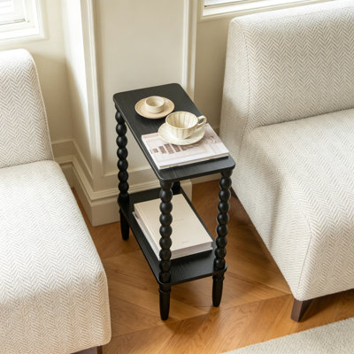 Narrow End Table with Storage, Small Slim Side Table, Nightstand with Spindle Design and Two-Tier Shelves for Small Spaces, Living Room and Bedroom