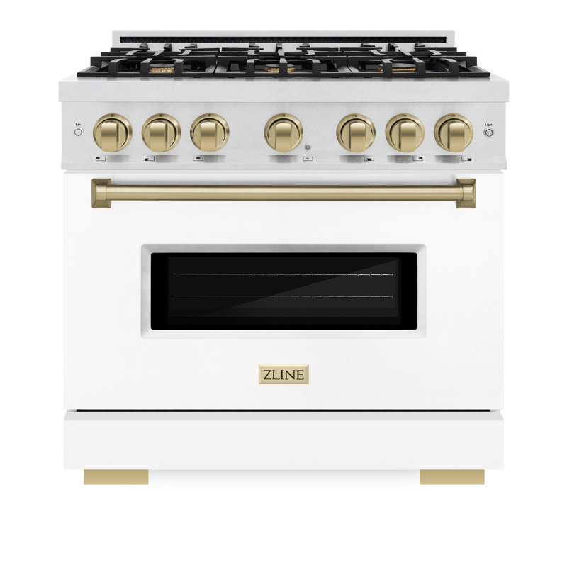 ZLINE Autograph Edition 36 in. 5.2 cu. ft. Classic Gas Range with 6 Burner Cooktop and Convection Gas Oven in Satin Stainless Steel with White Matte Door and Accents