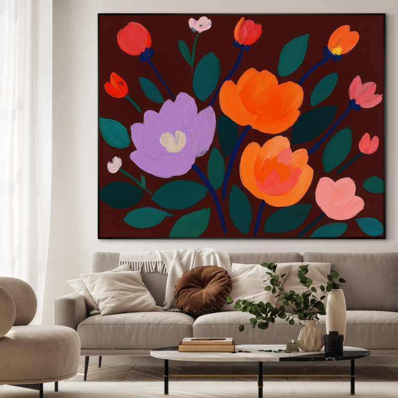Impression d'art floral abstrait extra large - impression de fleur moderne orange vif pour la maison ou le bureau, très grand art mural encadré (assemblage requis)