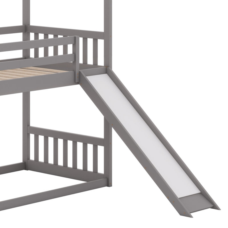 Lit superposé avec glissade House, escalier de rangement pouvant être placé à gauche ou à droite, Gris