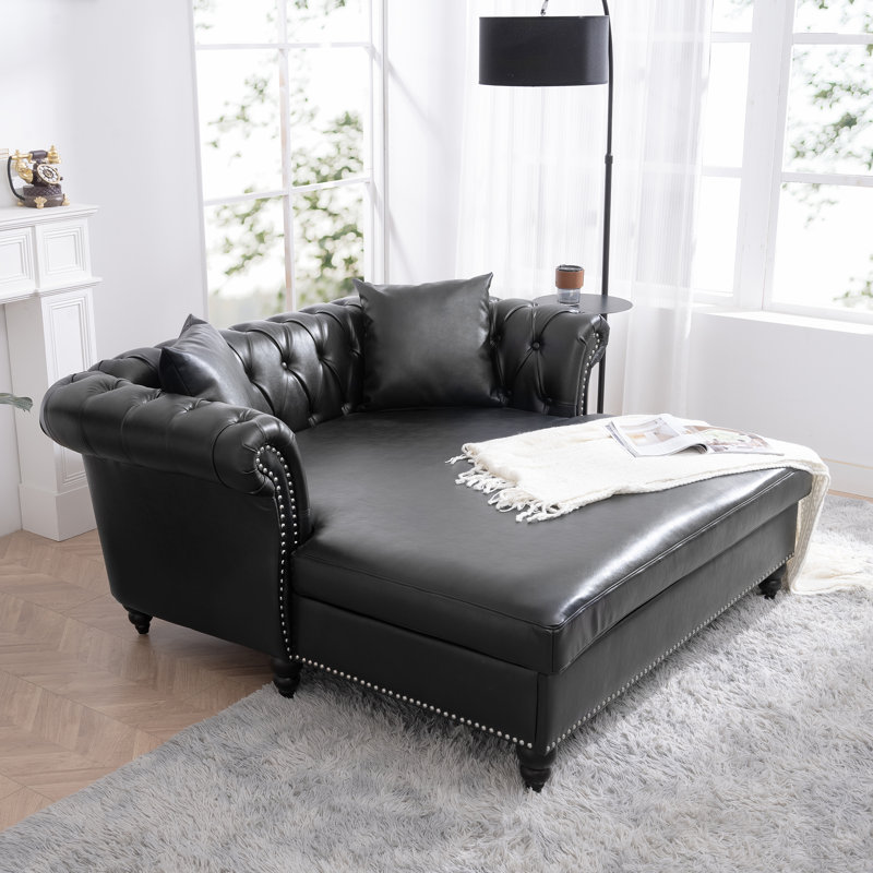 Canapé méridienne surdimensionné Velure de 63 po en cuir PU capitonné avec 2 coussins de salon, Noir