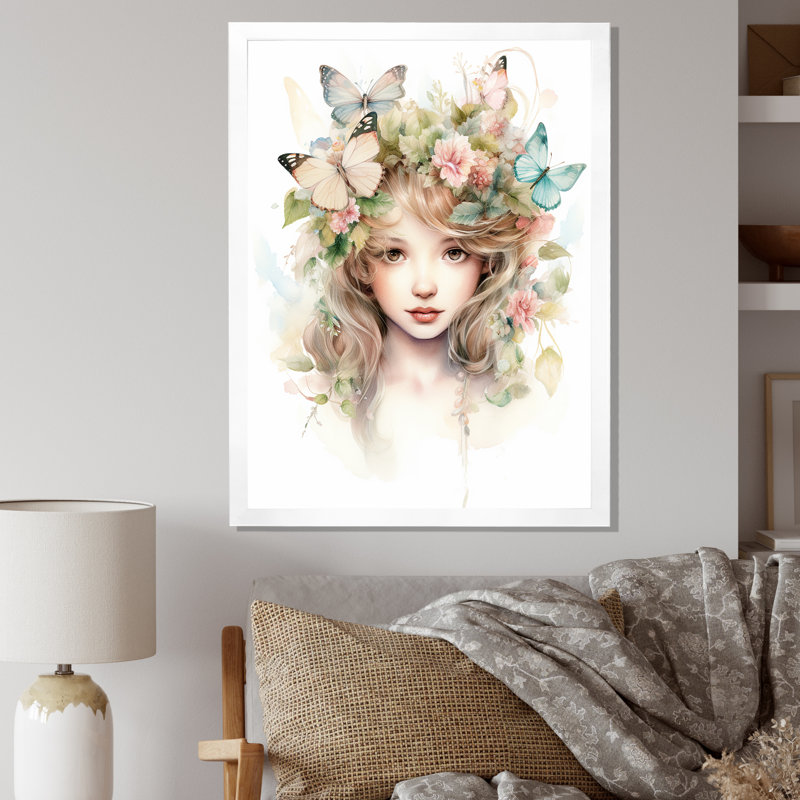 Jeune fille avec des papillons pastel rétro, Cadre simple blanc, H 40 po x l 30 po x P 1,5 po