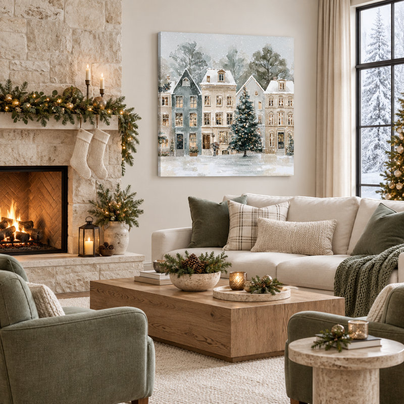 Tableau sur toile tendue représentant un village de Noël enneigé et un sapin., 40 po x 40 po