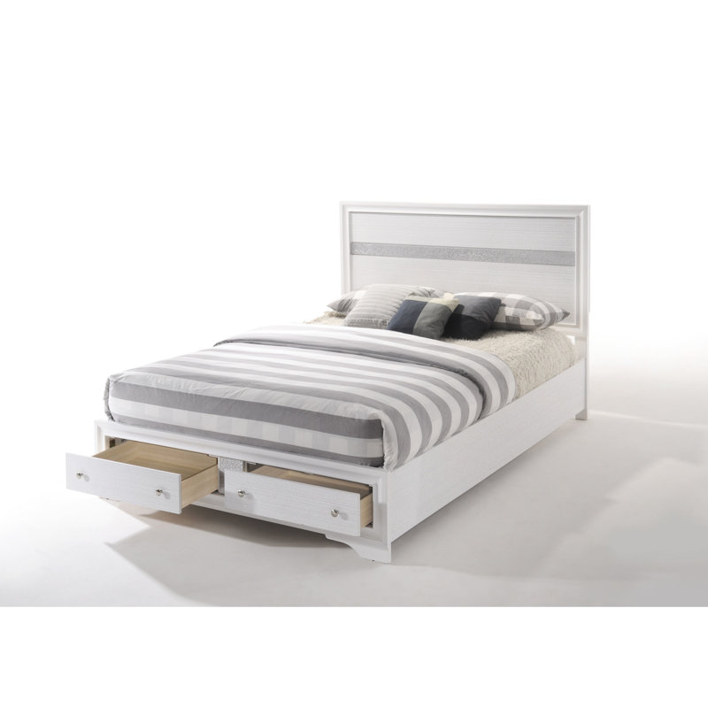 Lit de rangement blanc à profil bas - panneau de particules 8 à 10 po sans sommier tapissier avec 2 tiroirs avec structure en bois fini texturé et 5 pieds de support