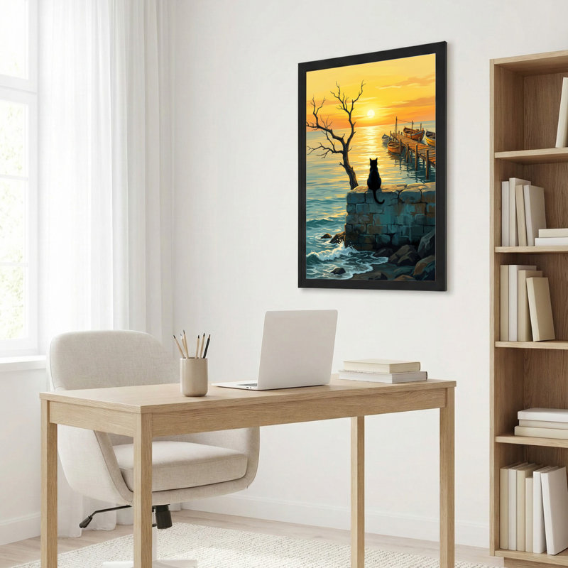 Chat sur mur de pierre, coucher de soleil, paysage marin, toile tendue, lot de 1, H 30 po x l 20 po