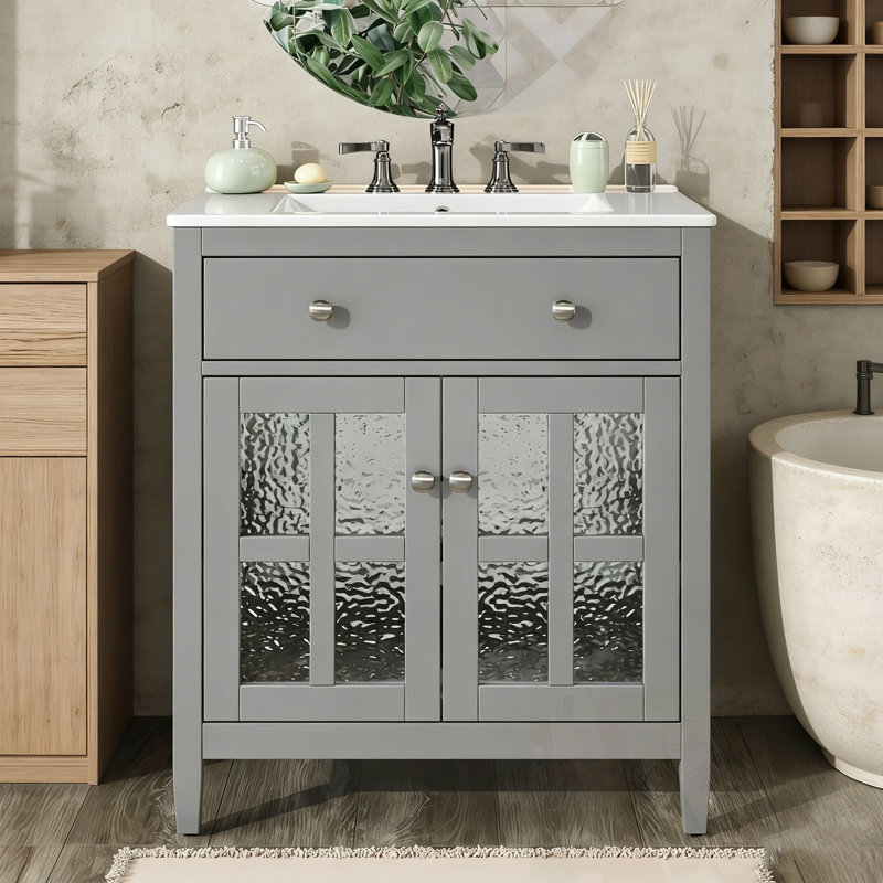 Bathroom Vanity with Sink, Adjustable Shelf and 2 glass Doors, Gray