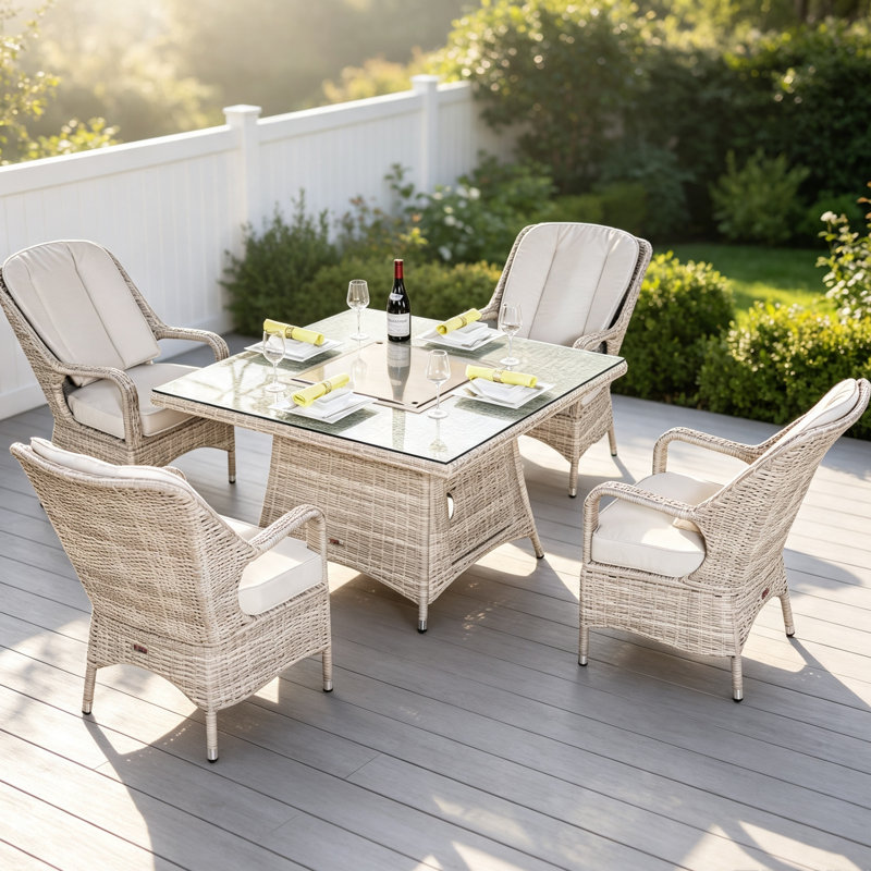 Ensemble de foyer d'extérieur en osier 5 pièces avec pare-vent et chaises en aluminium avec coussins lavables amovibles pour jardin