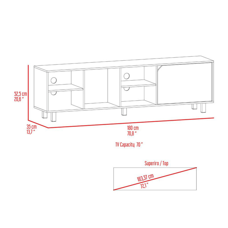 Meuble télé pour téléviseur de 70 po ou plus Conquest, quatre tablettes ouvertes, cinq pieds, chêne clair