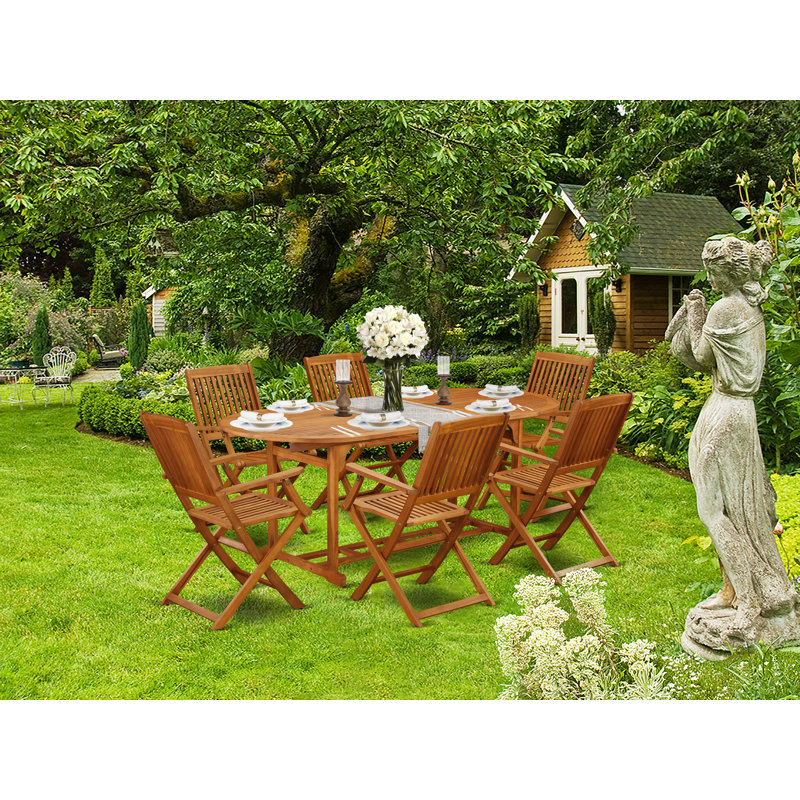 7 Piece Outdoor Patio Dining Sets Consist of an Oval Acacia Wood Table and 6 Folding Arm Chairs, Natural Oil