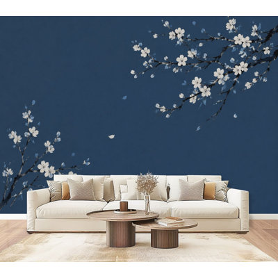 Peel and Stick Wallpaper Cherry Blossom Branches Deep Blue Minimalist Japanese Style Wall Murals 69"H x 96"W Removable PVC Wall Paper Self-Adhesive Wall Decor for Bedroom Home Office