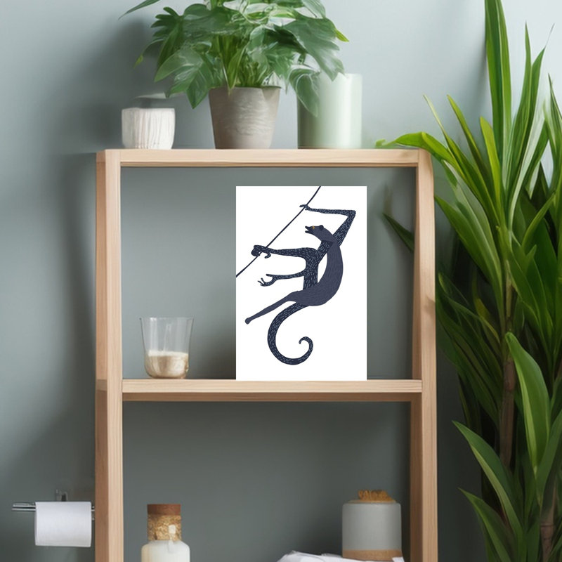Illustration murale contemporaine abstraite représentant une créature bleue curieuse grimpant, 18" H x 12" W