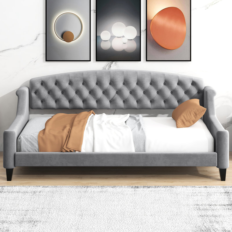 Lit de jour simple de luxe gris avec structure en contreplaqué, polyvalent pour la chambre à coucher et le salon, assemblage facile dans l'assise