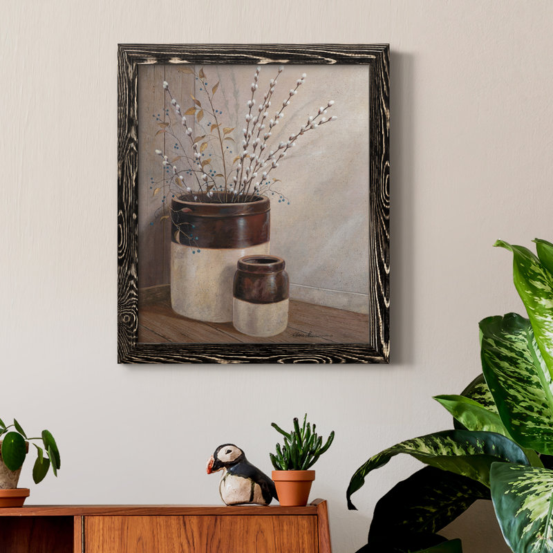 Peinture sur toile, "Pussywillows and Spring", Cadre noir, H 20 po x l 17 po x P 1,5 po