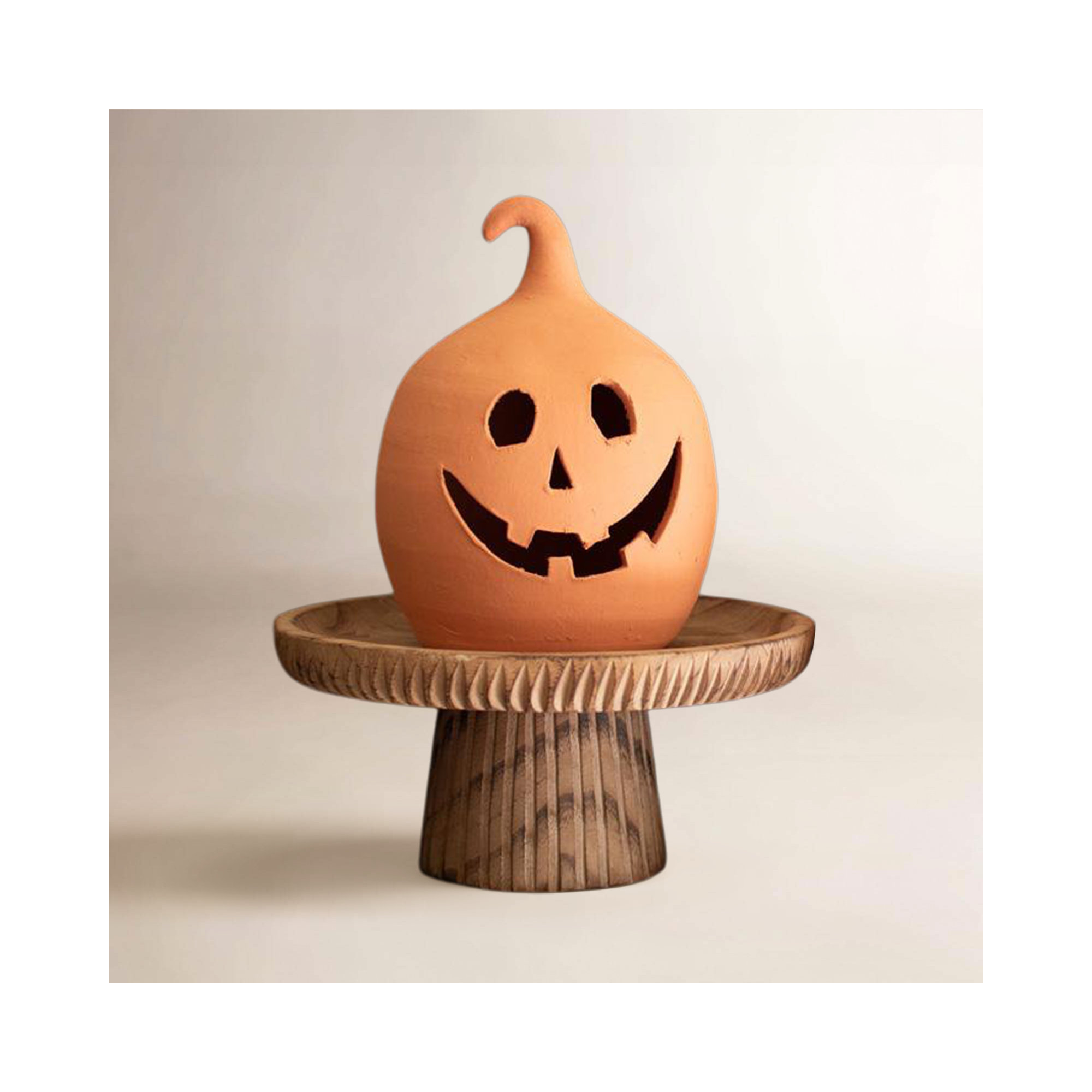 SET OF TWO  TERRACOTTA CLAY JACK-O-LANTERNS