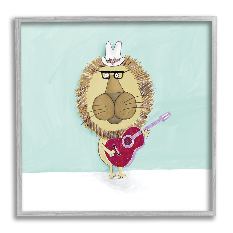 Lion avec chapeau de cowboy jouant de la guitare rouge - Peinture, Encadré gris, H 24 po x l 24 po