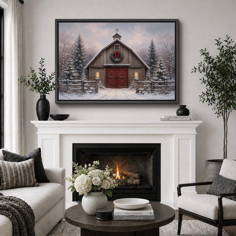 Illustration de grange de Noël porte rouge rustique, H 24 po x l 36 po x P 1,5 po, Cadre noir