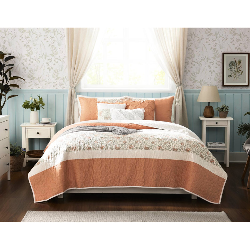 Courtepointe Dawn Coral - très grand / très grand 6 pièces en coton réversible avec 3 oreillers décoratifs, Corail