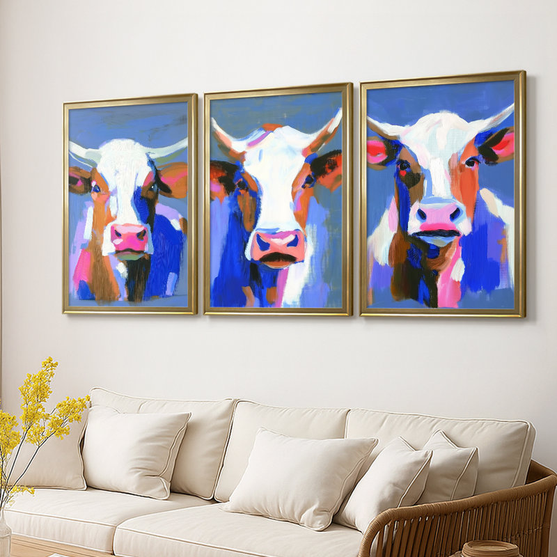 ANIMALS Series CECXLV - Toile tendue avec châssis encadré - 3 pièces, H 27 po x l 39 po, Doré